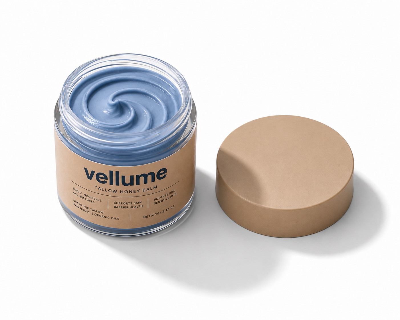 Vellume Tallow Honey Balm, open jar viewed from above showing the swirled periwinkle balm, kraft lid beside it